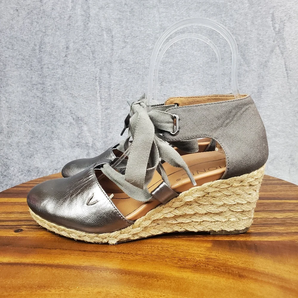 Vionic Kaitlyn Sandals Women's 5 Pewter Metallic Leather Espadrille Wedge Ribbon